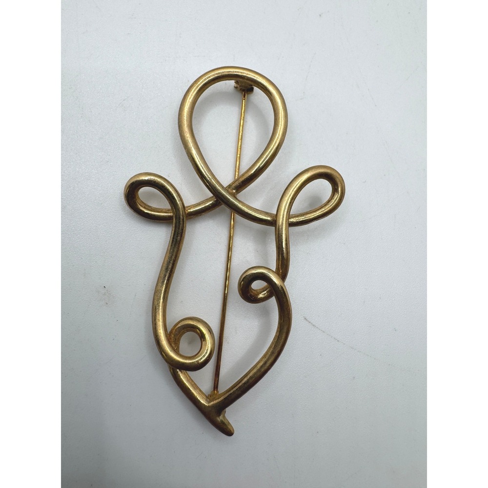 Vintage Abstract Gold Tone Sculptural Openwork Loop Brooch Pin Modernist Design
